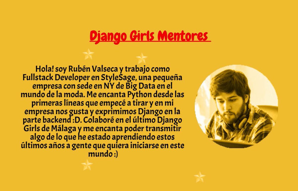 DjangoGirlsMad's tweet image. Estamos a un mes de nuestro evento y vamos a empezar a presentar a nuestros mentores. @rubnvp le toca primero #DjangoGirls #DjangoGirlsMadrid