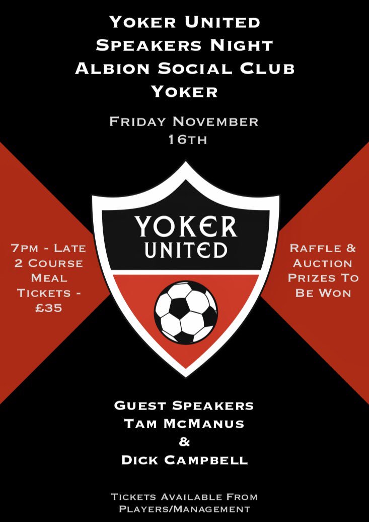 YokerUnited's tweet image. Yoker United Speakers Night 
Friday 16th November. 

Guest speakers @The_Tman10 and 
Dick Campbell. 

Anyone interested in tickets please get in touch. 

Promises to be a great night 🔴⚫️
