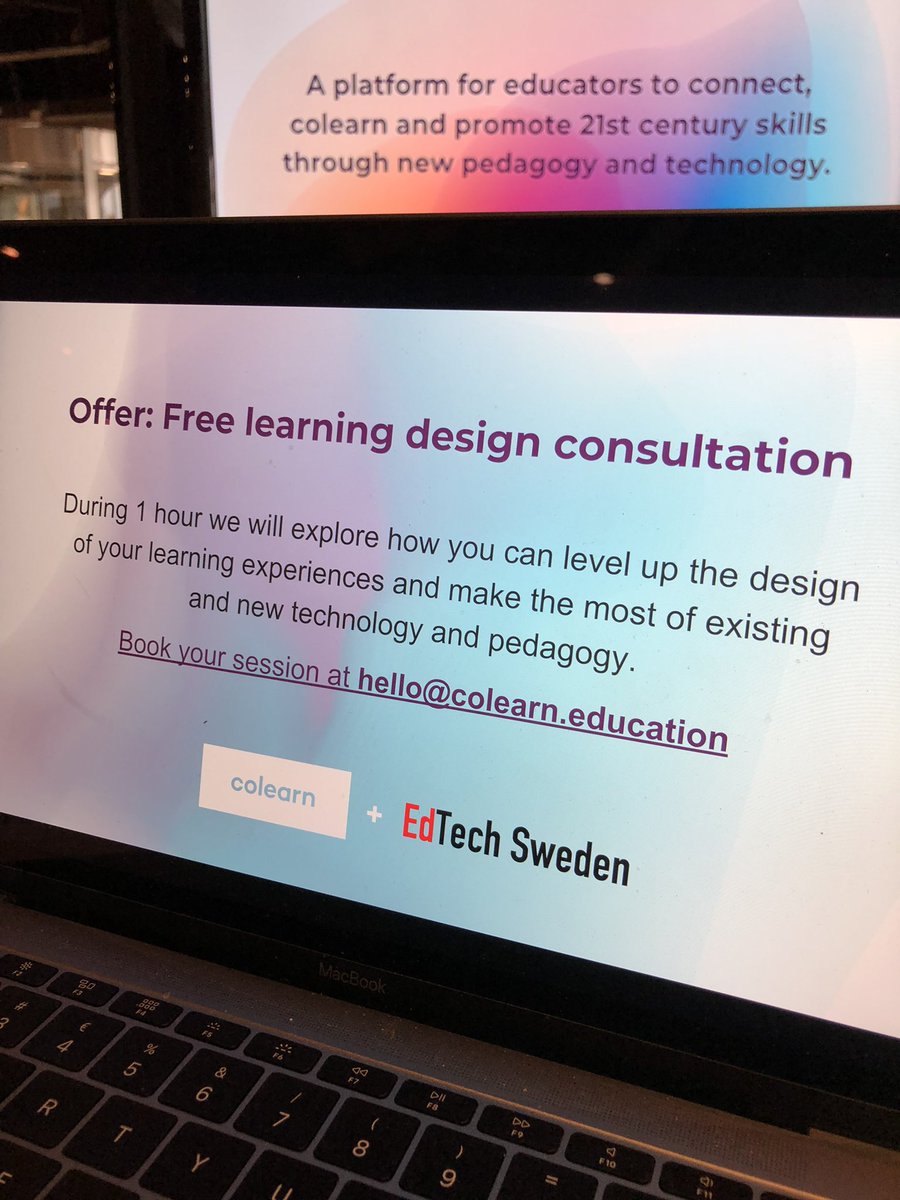 Colearn (@colearnco) on Twitter photo Get a 1 hour free consultation to explore how you can level up your learning experiences + make the most of existing/new pedagogy and technology. Only 8 still available, limited to <a href="/EdtechSweden/">EdTech Sweden</a> visitors. Come by / email to book. #EdTechSweden Get a 1 hour free consultation to explore how you can level up your learning experiences + make the most of existing/new pedagogy and technology. Only 8 still available, limited to <a href="/EdtechSweden/">EdTech Sweden</a> visitors. Come by / email to book. #EdTechSweden
