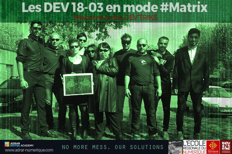 Adrar_Numerique's tweet photo. 👏🏼👏🏼👏🏼 Mention spéciale 🕶😎 et #bienvenue à notre promo #DEV DL18/03 👨🏻‍💻👩🏼‍💻 en mode :::> #Matrix 😉😁 pour présenter son #blason 🤙🏼 ✅ #nomoremess #oursolutions #FormPro #emploi #transfonum #numerique #dev #devweb #adrarnumerique ◾️#Occitanie 💚 https://t.co/dqteuAJDPg
