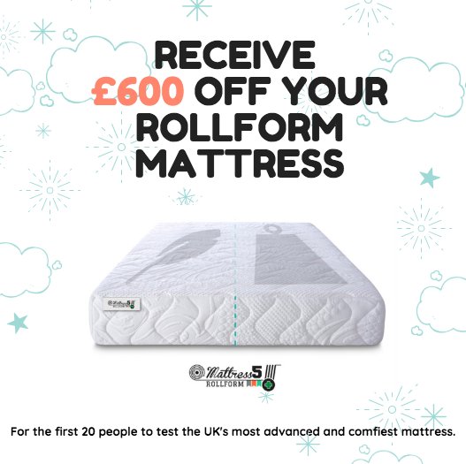 MattressFive's tweet image. 👉 IF YOU CAN’T SLEEP, WE WANT YOU 👈
 
Mattress 5 is recruiting 20 soon-to-be sleep experts to test out the UK’s most advanced and comfiest mattress – the ROLLFORM. 1st 20 testers will receive £600 off any of our #ROLLFORM mattress ranges - just tweet &quot;600 OFF&quot;- ⭐😁 #Mattress5
