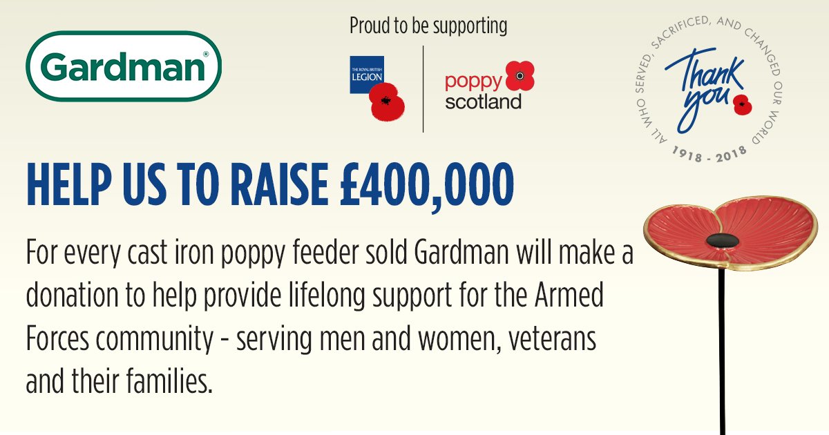 The Cast Iron Poppy Feeder is the perfect way to bring your garden to life while also remembering those who sacrificed their lives during WW1. Every feeder sold will mean a donation from Gardman to <a href="/PoppyLegion/">Royal British Legion</a> #thankyou100 gardmanpoppy.co.uk