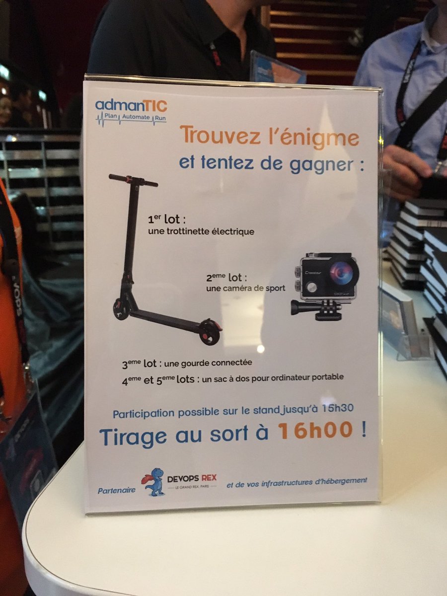 AdmanTIC_FR's tweet photo. Gagner des lots au top (caméra de sport, trottinette électrique), c’est encore possible en jouant sur le stand #admanTIC AU @devopsREX ! https://t.co/pEIKPAwob3