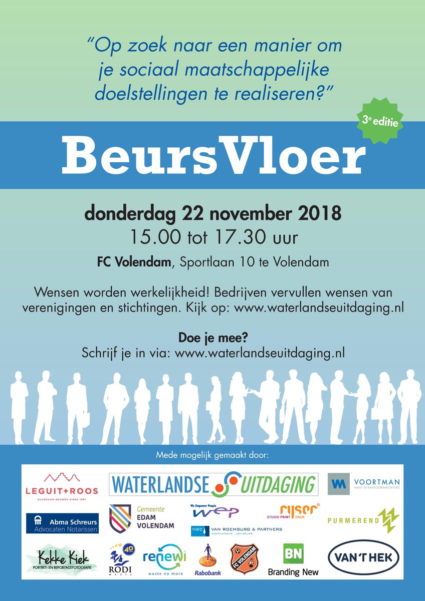 Kom je ook?
Vertegenwoordig je een vereniging, stichting of een bedrijf dan kan je meedoen met de Beursvloer! 
Meld je aan op: waterlandseuitdaging.nl