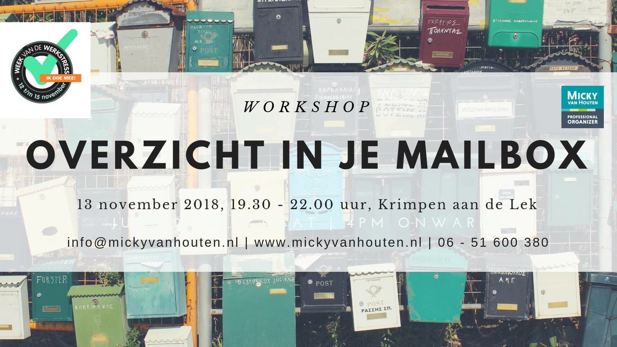 Ervaar je hoge werkdruk door alle mailtjes die je elke dag ontvangt? Krijg je zoveel mail dat je geen overzicht meer hebt? Schrijf nu in mickyvanhouten.nl/workshops/ 
#overzicht #werkplezier #werkprivebalans #professionalorganizing