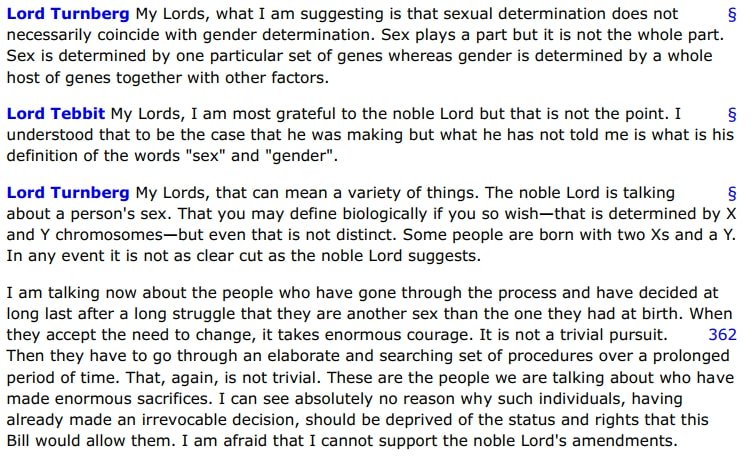 Tebbit: "but what he has not told me is what is his definition of the words "sex" and "gender".