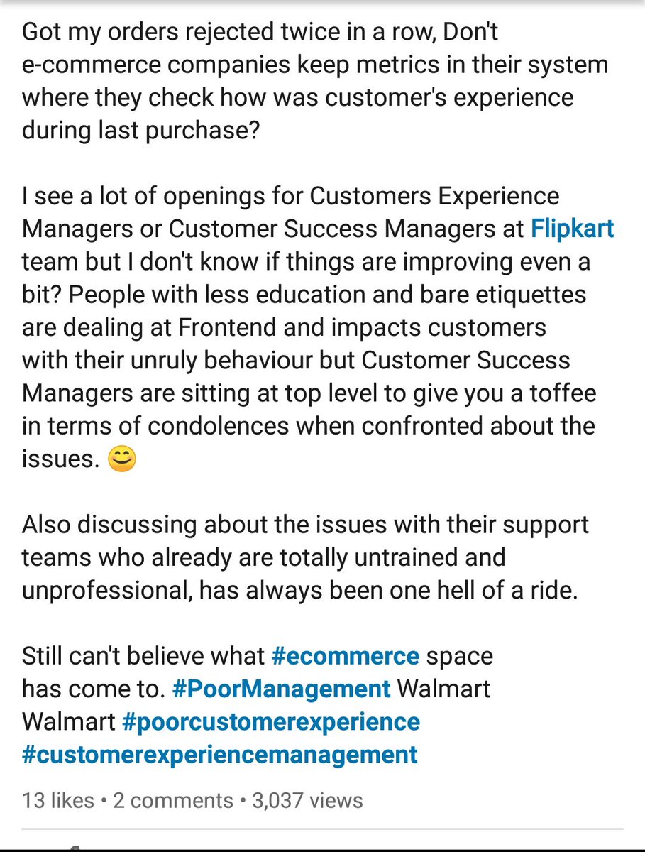 Looking at the enthralling support from everyone on <a href="/LinkedIn/">LinkedIn</a> against the <a href="/Flipkart/">Flipkart</a> <a href="/flipkartsupport/">FlipkartSupport</a> customer handling tells me one thing for sure. There are thousands of people out there who has been cheated and scammed by <a href="/Flipkart/">Flipkart</a> at any point in their life. (1/3)