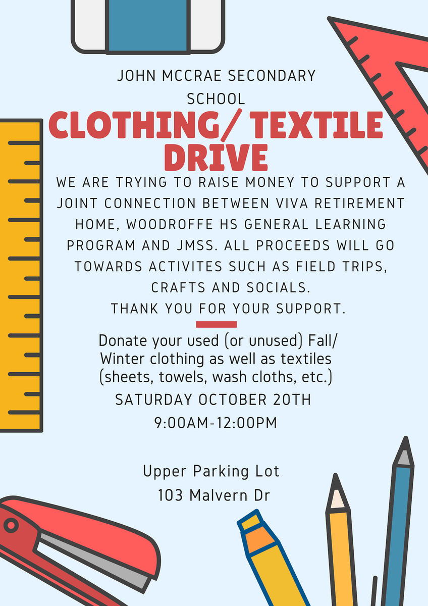 MrsRChambers's tweet photo. Hey @BarrhavenSpence @StuntmanStu any chance you could help promote @jaclynjmss textile drive?  She is raising money to support a connection between our class and seniors from VIVA retirement home as well as Woodroffe HS General Learning program.  See flyer attached. https://t.co/Veg56oU1Xa
