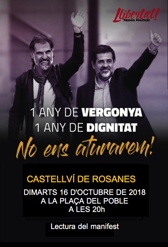 cdrcastellvi's tweet photo. Davant la situació flagrant d'injustícia, us convoquem a totes i a tots a reivindicar #LlibertatJordis #LlibertatPresesPolítiques #LlibertatExiliades

T'hi esperem!!!
#ElPoderDelPoble https://t.co/wkJUsOIybS