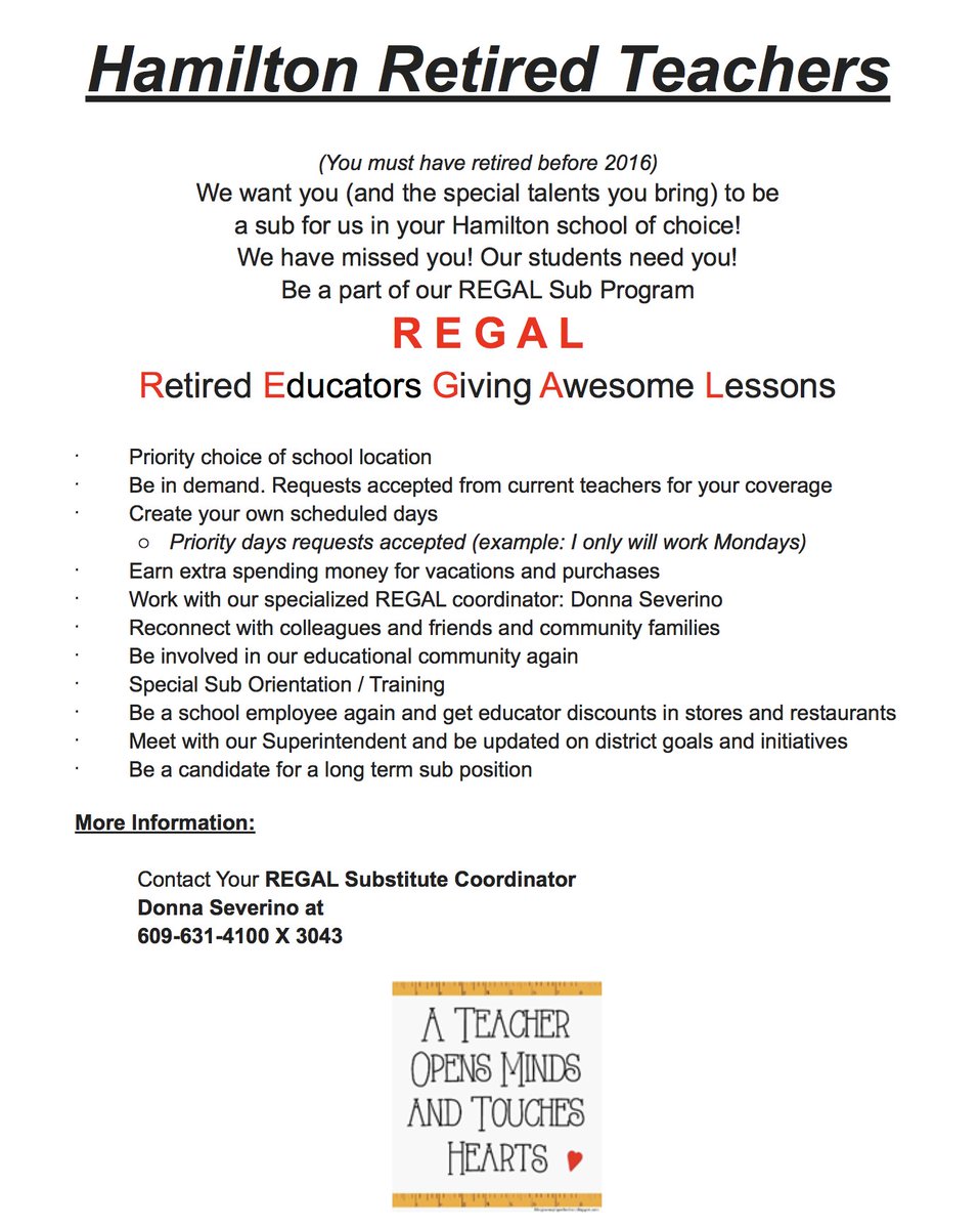 WeAreHTSD's tweet photo. Calling all Retired @WeAreHTSD teachers. You're invited to be part of our REGAL (Retired Educators Giving Awesome Lessons) program! #htsd #htsdpride #differencemakerhtsd @ScottRRocco https://t.co/3uzOk8b3tx