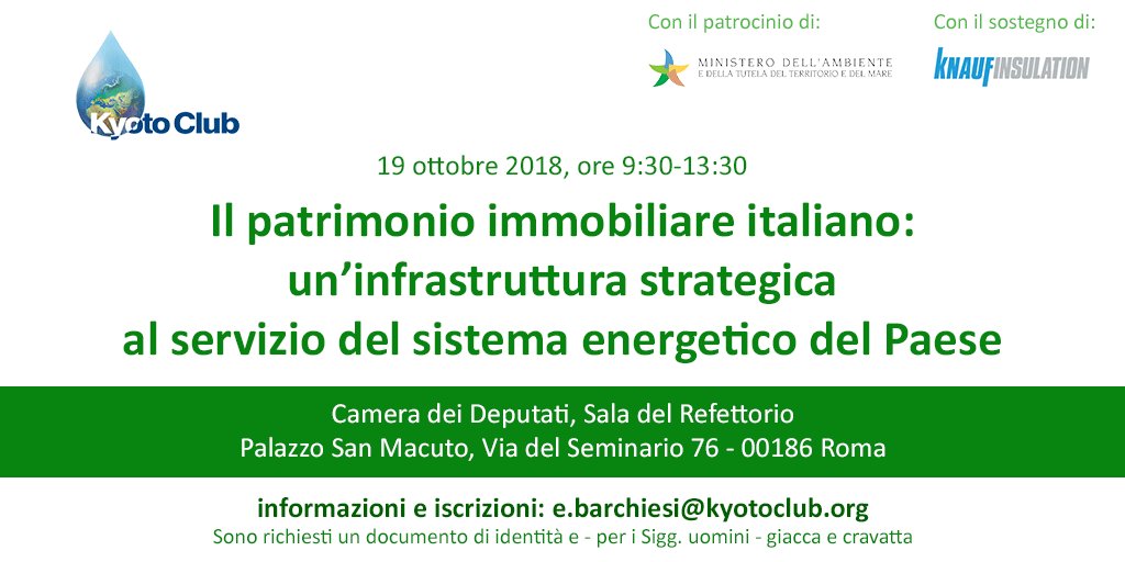 #SaveTheDate 
Venerdì 19 ottobre Kyoto Club organizza a Roma un convegno dedicato a #innovazione e efficienza #energetica nell'edilizia. Ancora poco tempo per iscriversi
<a href="/knaufitalia/">Knauf Italia</a> 
Partecipa --> bit.ly/2yb8fQX