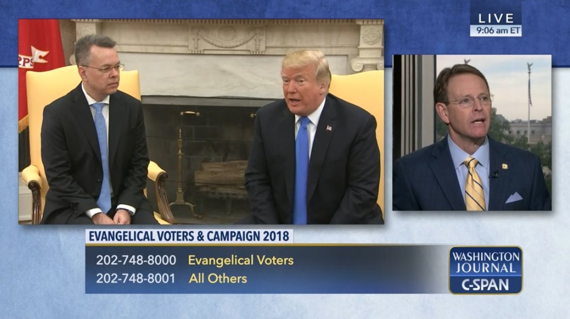 Split screen of Tony Perkins and Pastor Brunson. Phone numbers: 202-748-8000 for Evangelical Voters, and 202-748-8001 for All Others.