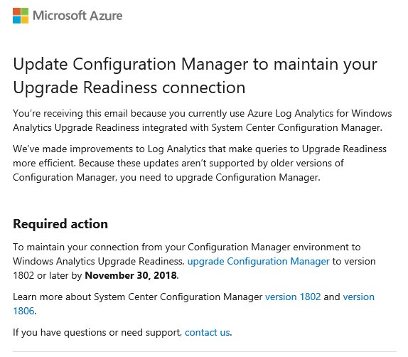 AdamGrossTX's tweet photo. If you want to keep using Windows Analytics Upgrade Readiness, upgrade #ConfigMgr to version 1802 or later by November 30, 2018!
DM @DuneConfigured if you are running pre 1802.
https://t.co/7ENsM5J34g https://t.co/avqXqAe2g4