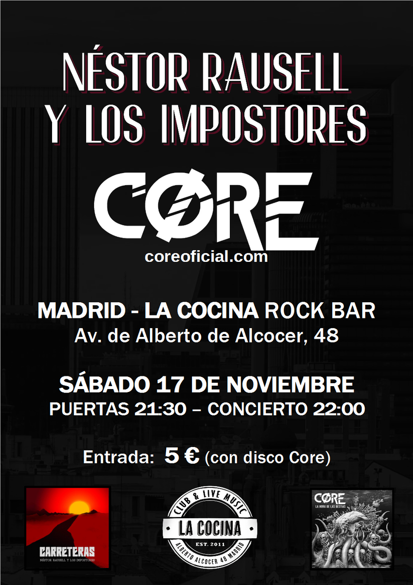 NestorRausell's tweet photo. Madrileñosss nos volvemos a ver muy pronto‼️
El sábado 17 de #noviembre estaremos con nuestros amigos @core_los en #LaCocinadelRockBar‼️
Te esperamos‼️

#EquipoImpostores😎🎸 #GiraCarreteras https://t.co/qrFmh8L76j