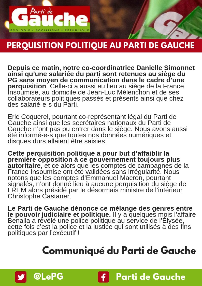 LePG's tweet photo. Perquisition politique au Parti de Gauche - Communiqué du @LePG 
#perquisition https://t.co/6AkJLZcq8K