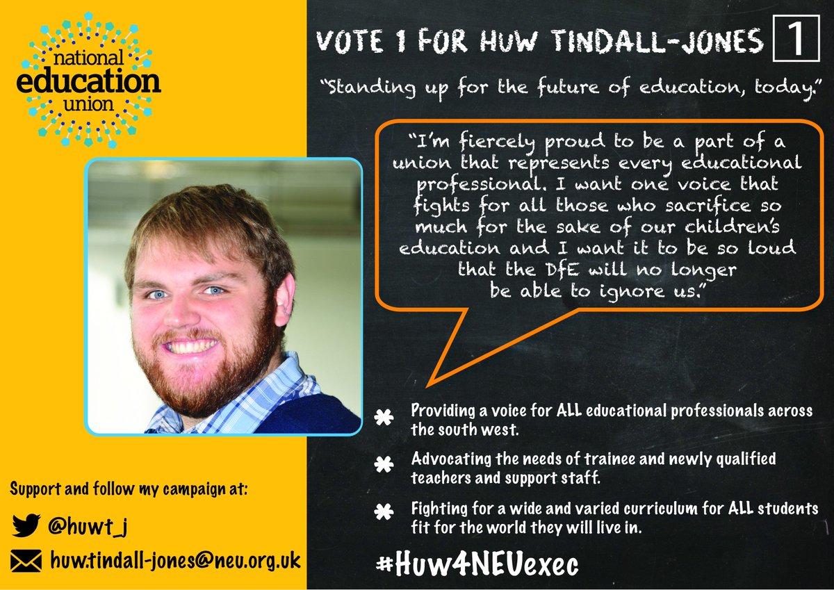 NEU_Devon's tweet photo. Huw Tindall-Jones, our president is standing for executive for the National Education Union district 12 which covers the South West of England. Look out for ballot papers in the post from 7th November! Take a look at his manifesto below! Any questions just let him know! @huwt_j https://t.co/1pyijyYYbh