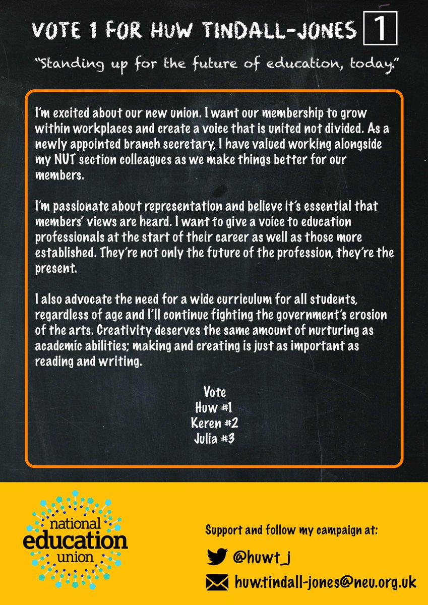 Huw Tindall-Jones, our president is standing for executive for the National Education Union district 12 which covers the South West of England. Look out for ballot papers in the post from 7th November! Take a look at his manifesto below! Any questions just let him know! <a href="/huwt_j/">Huw Tindall-Jones</a>