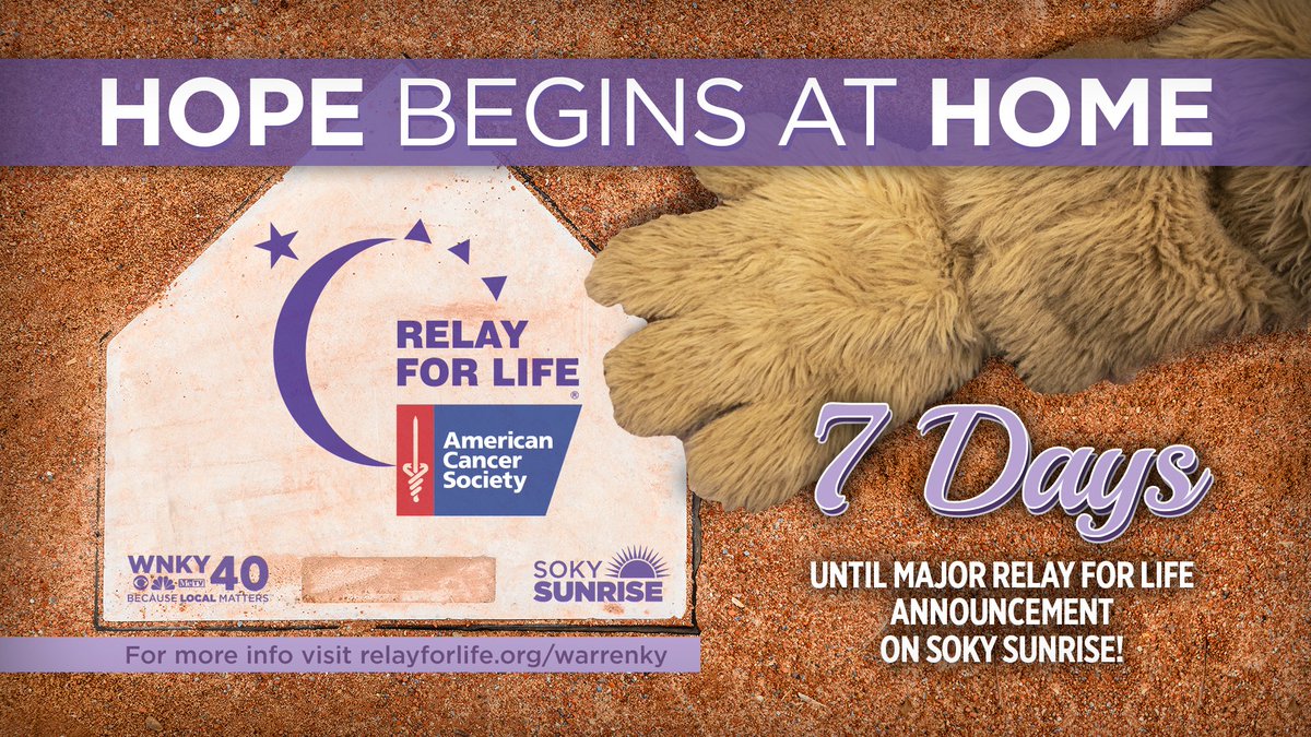 wnkytv's tweet photo. .@WarrenCoKyRelay is JUST 7 DAYS away from making a major announcement about their 2019 event on SoKY Sunrise! 

Be sure to tune in to the LIVE announcement Tuesday, October 23 at 6am on WNKY NBC 40. #BecauseLocalMatters https://t.co/R1Hr0MAac8