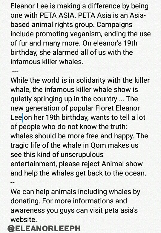 EleanorLeePH's tweet photo. #EleanorLee is making a difference by being one with PETA ASIA. PETA Asia is an Asia-based animal rights group. Campaigns include promoting veganism, ending the use of fur and many more. On eleanor's 19th birthday, she alarmed all of us with the infamous killer whales. https://t.co/ThSPmmBdVJ