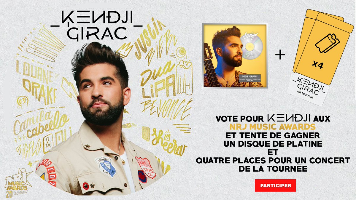 GIRACKENDJI's tweet photo. Amigos,
Tentez de gagner mon disque de platine "Amigo" et 4 places de concert pour ma tournée !!!
Votez ici tous les jours pour les #NMA : 
https://t.co/pRZKTN4PLn

Je compte sur vous 🙏 https://t.co/AaPCIHtJZn