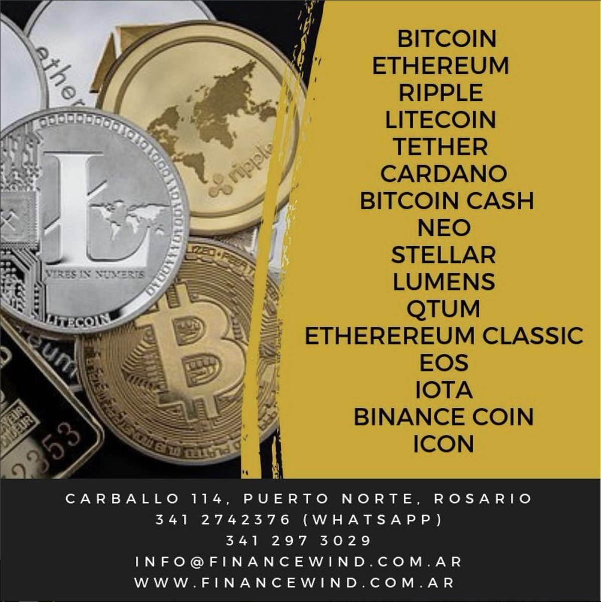 FinanceWind's tweet photo. En Finance Wind no te ofrecemos solo #bitcoin. Vas a encontrar más de 10 #criptomonedas para diversificar tu cartera y obtener mejores rendimientos. #ethereum #ripple #tether #litecoin #bitcoincash https://t.co/g9m0kYsezv