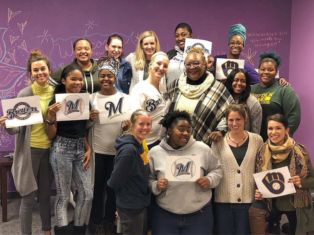 PEARLS_MKE's tweet photo. Always celebrating the @Brewers! Congratulations on another win! #OurBrewCrew #thisisourMKE #PEARLSlovestheBrewers https://t.co/kcjOwdHEFC