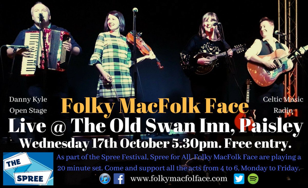 FolkyMac's tweet photo. Loads of live music this fortnight in Paisley and we've grabbed a slice of it. #thespreefestival #spreeforall #dannykylestage #celticmusicradio #theoldswaninn #livemusic #trad #hashtag #folk #whitswednesdayforbutlivemusic https://t.co/5M2Ht02CRH