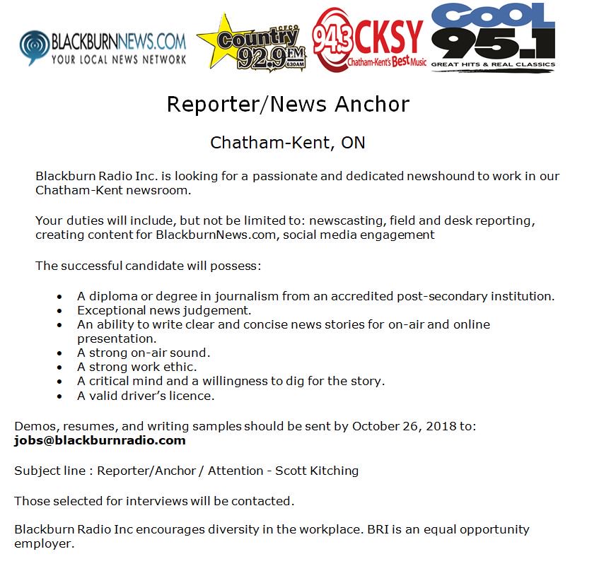 We're hiring. Blackburn News is looking for a reporter/newscaster for our Chatham-Kent branch. https://t.co/X6BJrvafsK
