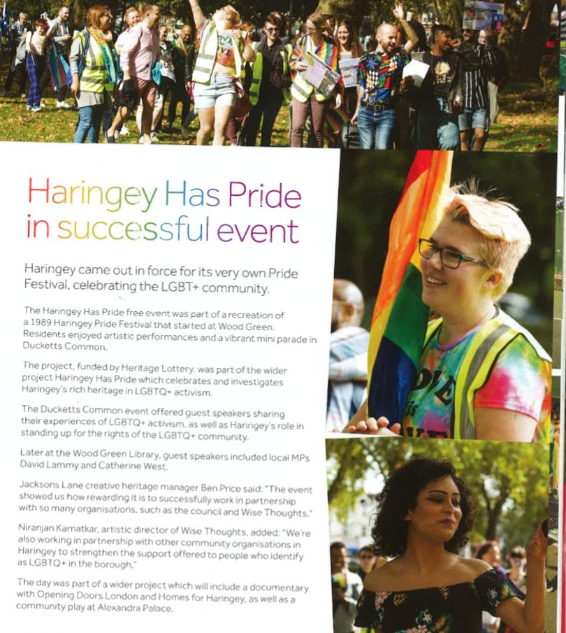 HaringeyPride's tweet image. Check out this exciting article featuring the Haringey Has Pride project here at Jacksons Lane @jacksons_lane. It’s in the Haringey People’s October – November 2018 edition on page 23. @haringeycouncil  bit.ly/2OZhpdW #HaringeyHasPride #pride2018 #LGBTQI