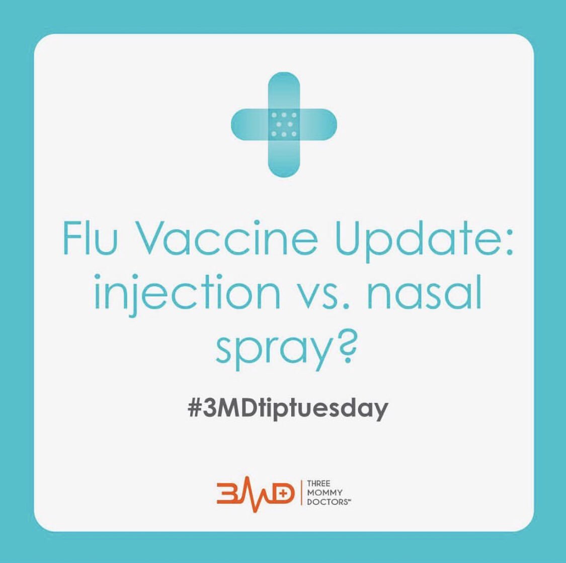 3mommydoctors's tweet photo. TIP TUESDAY: The @CDCgov and the @AmerAcadPeds have re-approved the nasal flu vaccine for the 2018-19 influenza season. However, the AAP suggests that the injectable flu shot π is still the #1 CHOICE for all children > 6 mos age. https://t.co/ZMCLUsBDVg #tiptuesday #3MD #kidstat https://t.co/k25k5LhGJ0