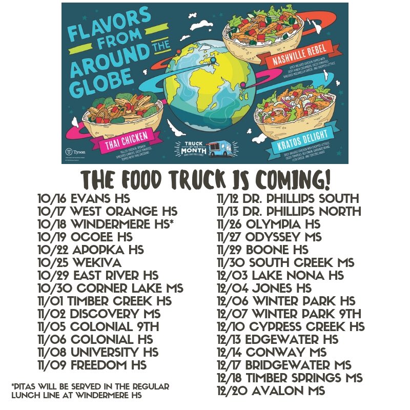 OCPS_FNS's tweet photo. We are kicking off our second round of Truck of the Month today at @EvansHS_OCPS! Who’s ready to try some chicken pitas? #pita #chickenpita #truckofthemonth #foodtruck #ocpsfns #schoollunch https://t.co/j6AVU8VbDB