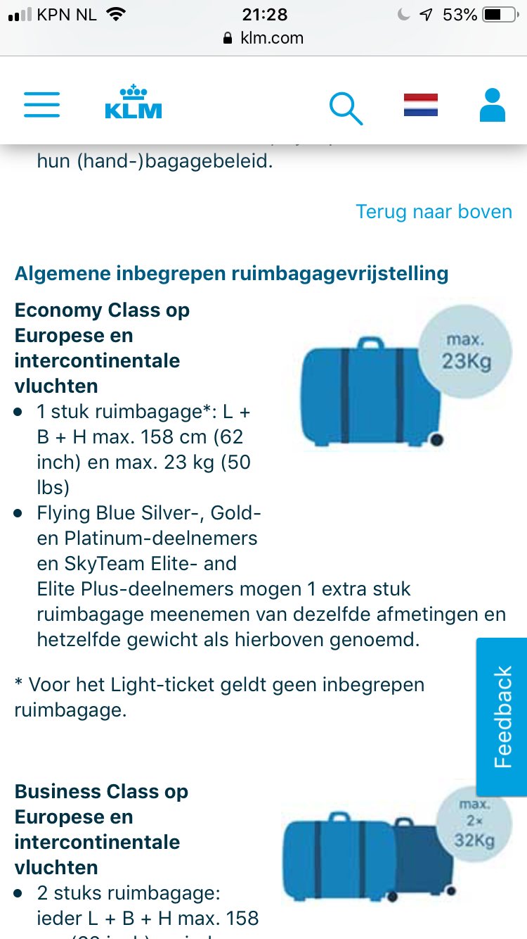 vermijden Concessie Likeur KLM on Twitter: "@HansRms De bagageregels en -tarieven voor KLM-vluchten  kun je vinden in onze Bagage Calculator: https://t.co/HpKTsI7zOi. Delta's  prijzen zijn hier te vinden: https://t.co/WThf6ZgS4k. Als Flying Blue-lid  krijg je tot EUR