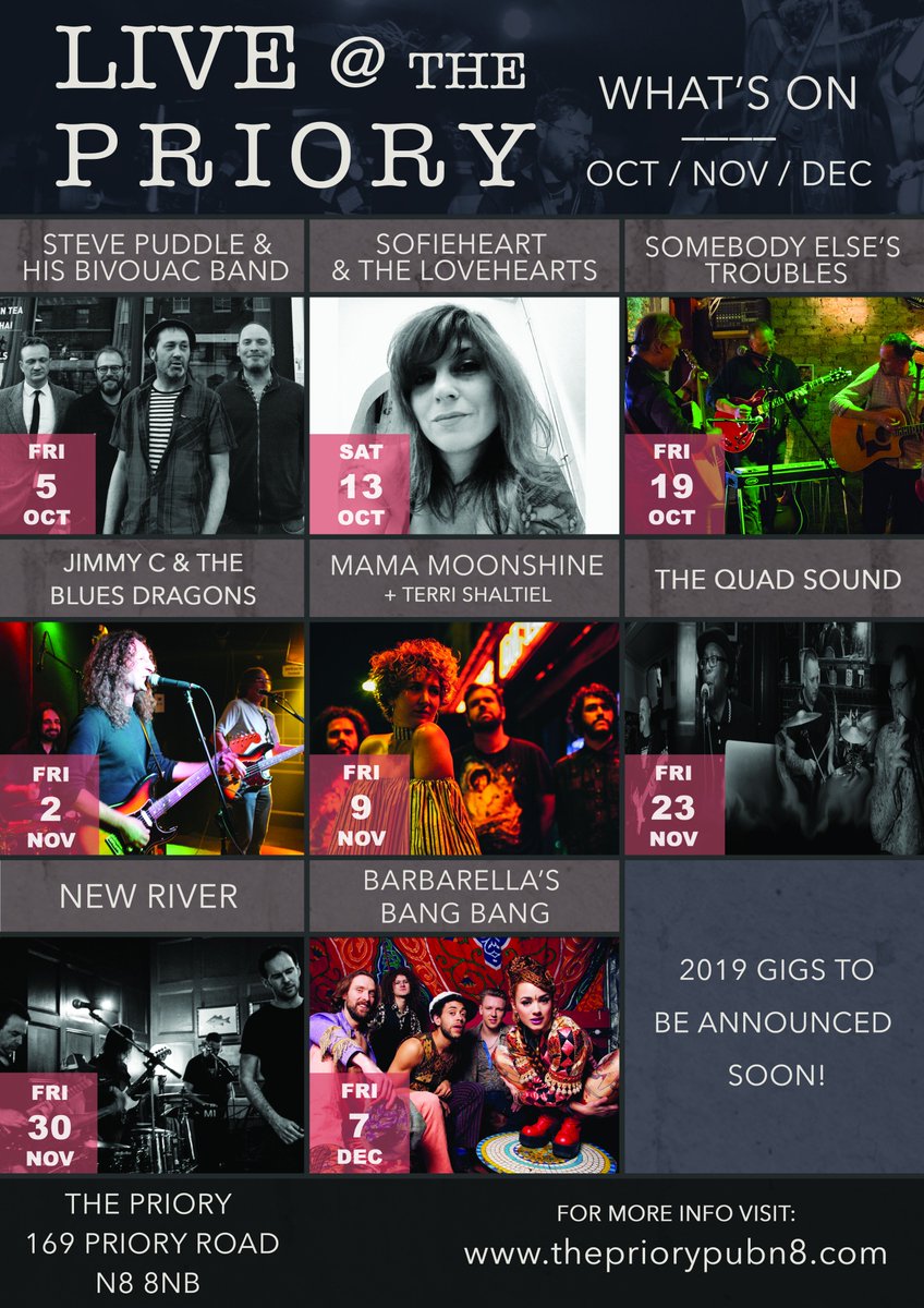 LiveAtThePriory's tweet photo. We've got some great gigs coming up at The Priory over the next few months. Make sure you don't miss out!
For more info about all the bands check out our website:
https://t.co/5TKN6Szk3A https://t.co/geH01wU8Wn