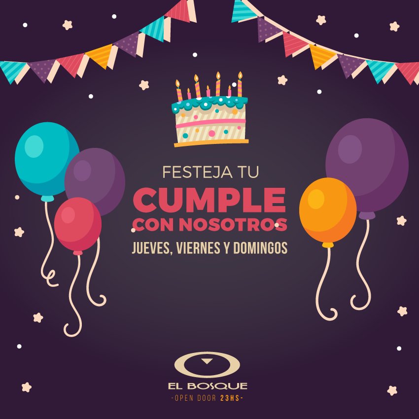 ElBosqueNoPara's tweet photo. LOS JUEVES VIERNES O DOMINGOS FESTEJA TU CUMPLE CON NOSOTROS !!!! RESERVA AL 42807057 , WPP 1140716453 O POR LA APP DE EL BOSQUE.
CON TU RESERVA VOS + 10 INVITADOS SIN CARGO HASTA 03 HS CON UN OBSEQUIO.
#PROMOCUMPLES
#ELBOSQUENOPARA https://t.co/T81vBGNmol