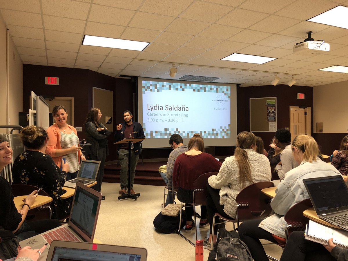 CodyHoudmann's tweet photo. Mass Comm Week is in full swing and we are here live tweeting @lydia_saldana‘s Careers in Storytelling. #mc1313L3 #MCWeek18 https://t.co/BfGx1ZEXK2