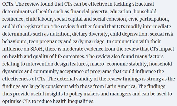A review of 53 studies across 14 countries found that cash transfers can be effective in tackling structural determinants of health such as poverty, education, household resilience, child labor, social cohesion, and civic participation. https://academic.oup.com/heapol/ar...   #BasicIncome   #SDOH