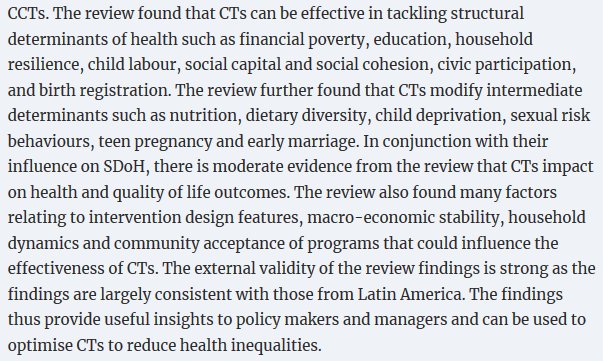 A review of 53 studies across 14 countries found that cash transfers can be effective in tackling structural determinants of health such as poverty, education, household resilience, child labor, social cohesion, and civic participation. https://academic.oup.com/heapol/article/33/5/675/4947872  #BasicIncome  #SDOH