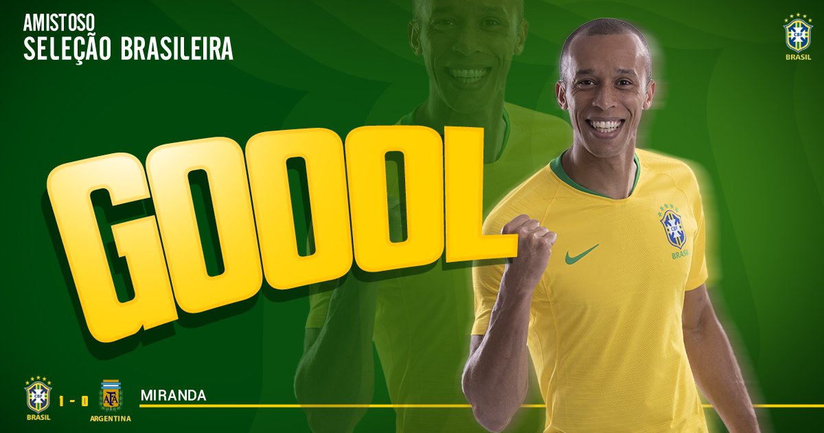 CBF_Futebol's tweet photo. GOOOOOOOOOOOOOOOOOOOOOOOOOOOL DO BRASIL! MIRANDA FAZ UM GOL SALVADOR NO FIM DO JOGO! ⚽️⚽️⚽️ #BRAxARG https://t.co/yDIB6SPdfe