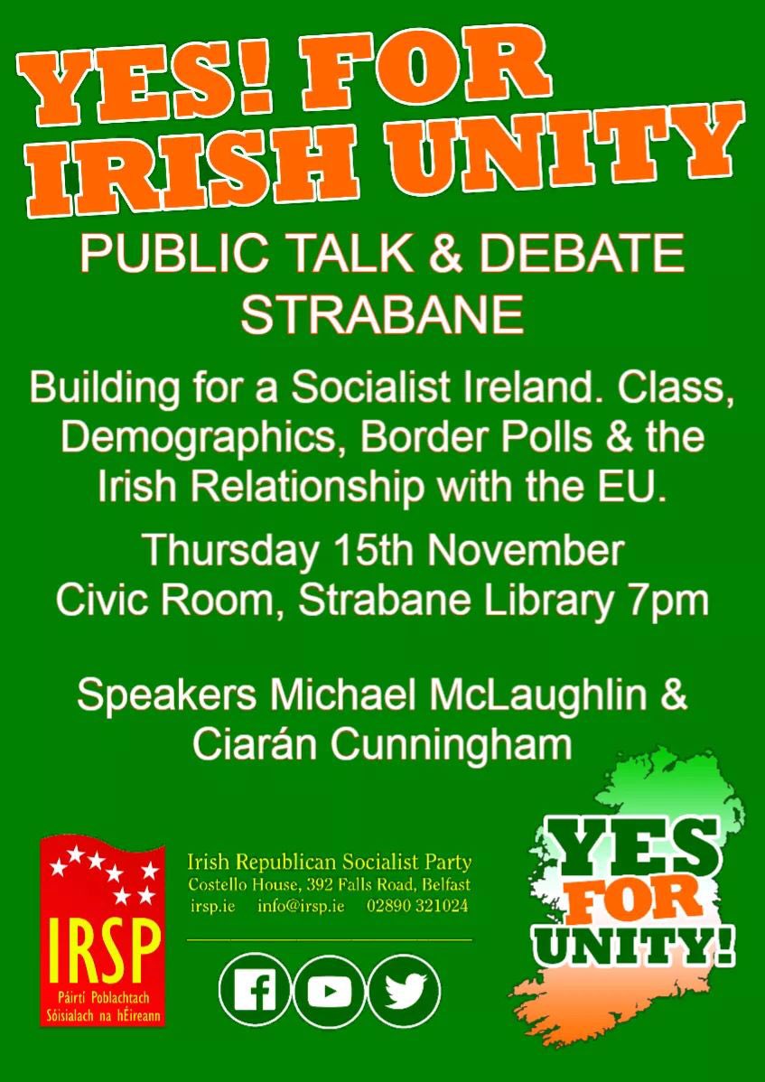 UnityYes's tweet photo. #YesForUnity public talk & debate coming to Strabane!
Thursday 15th November
Civic Room, Strabane Library @ 7pm
#Ireland #UnitedIreland #UnityReferendumNow #Think32 #ThinkSocialism https://t.co/qTKiCYyit7