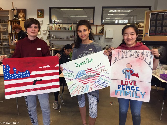 VisioningBV's tweet photo. Henry Kilber, Naya Press, and Tess Connerty from Lighthouse School share their #VisionQuilt panels.
#Enough https://t.co/0tHrVcrw45