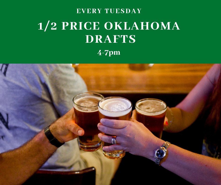 Cheers for beers! Join us for 1/2 price Oklahoma drafts every Tuesday 4-7pm. 🍻#mcnellies #mcnelliessouthcity #happyhour #oklahoma #beer