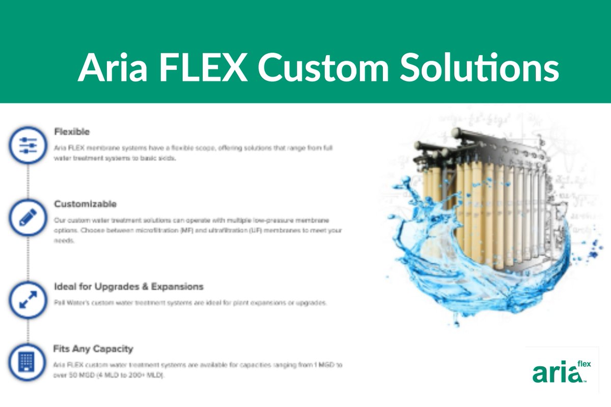Pall_Water's tweet photo. Designed for mid- to large-scale #municipalities or large industrial #water users, the customized #AriaFLEX systems provide the ability to customize our proven membrane systems to meet your exact water needs. https://t.co/ZeWhQJr1Ap https://t.co/2iPAo4ACrb