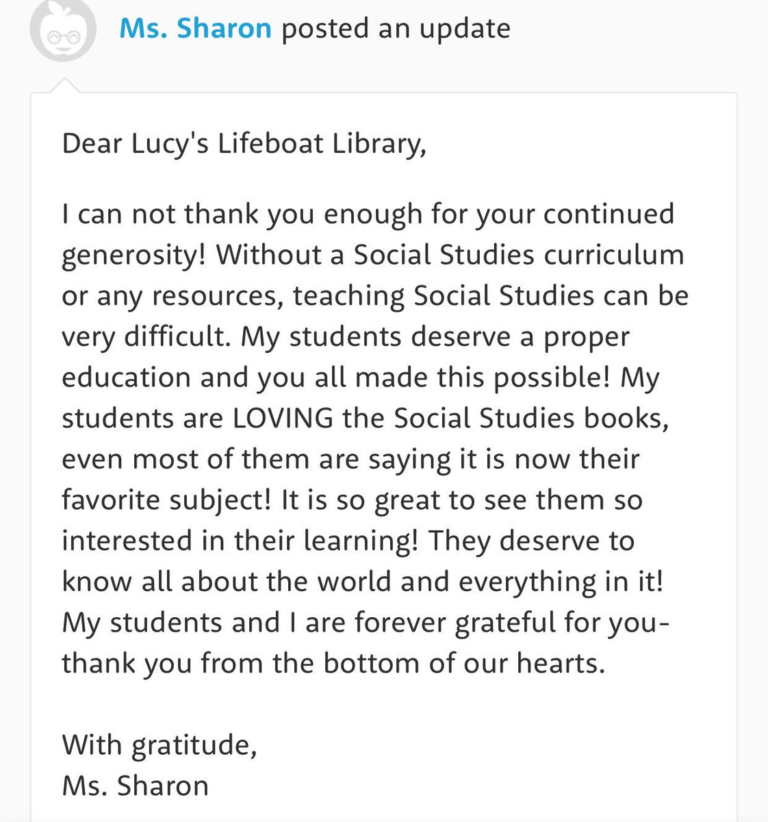 lifeboatlibrary's tweet photo. Ms. Sharon just posted this sweet thank you letter to all who helped fund her classroom through Donors Choose during our #LifeboatLibrary book drive! A beautiful legacy, #Clockblockers. Iβm really proud of you ππ @TheTimelessRoom @therealKripke @abigailspencer @ChrisFParnell https://t.co/4G3ezUyhtS