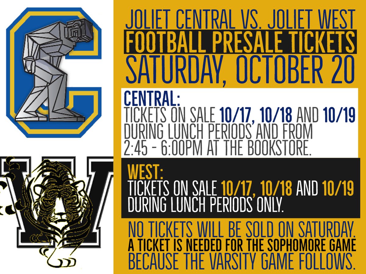 JTHS_204's tweet photo. Joliet Central vs. Joliet West Football game is October 20th. You must purchase a ticket prior to game day. NO TICKETS will be sold on October 20. @SteelmenAD @JolietWestAD @steelmenFB @jtwestfootball https://t.co/7eKDP3ZvYx