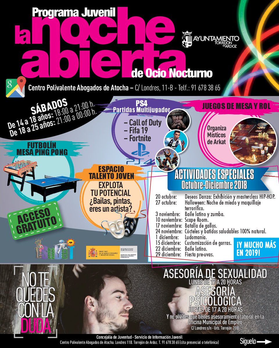 TorrejonJoven's tweet photo. Este sábado a las 18 horas arranca el PROGRAMA JUVENIL LA NOCHE ABIERTA DE OCIO NOCTURNO para jóvenes de 14 a 25 años, en el Centro Pol. Abogados de Atocha, calle Londres, 11 B.
Más información en el teléfono 91 678 38 65. 
¡No te lo pierdas! https://t.co/08GLPoQ9mG