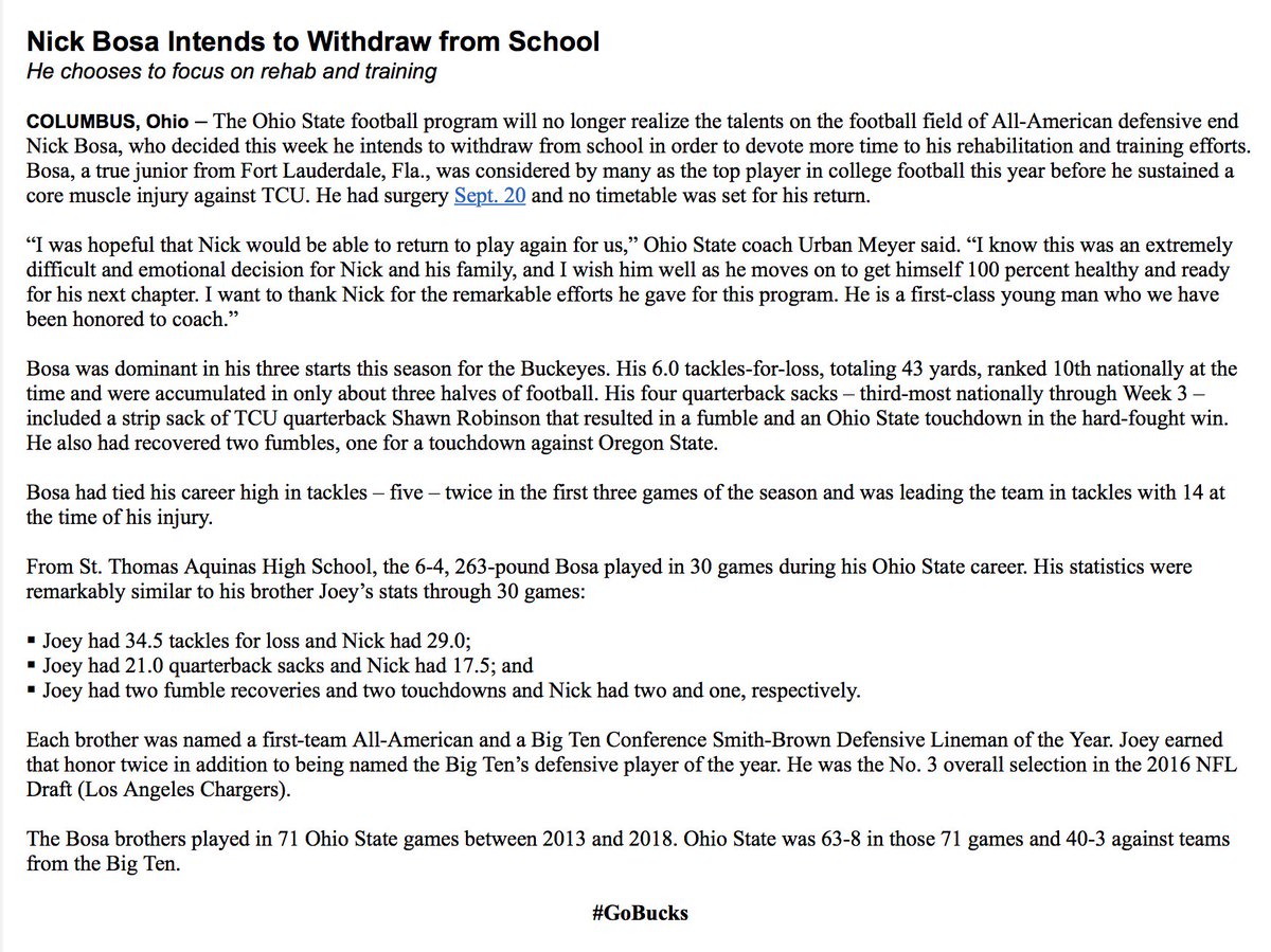11W's tweet photo. “Nick Bosa Intends to Withdraw from School”

Ohio State confirms the departure of the star defensive end. https://t.co/X2oeXmbJFi