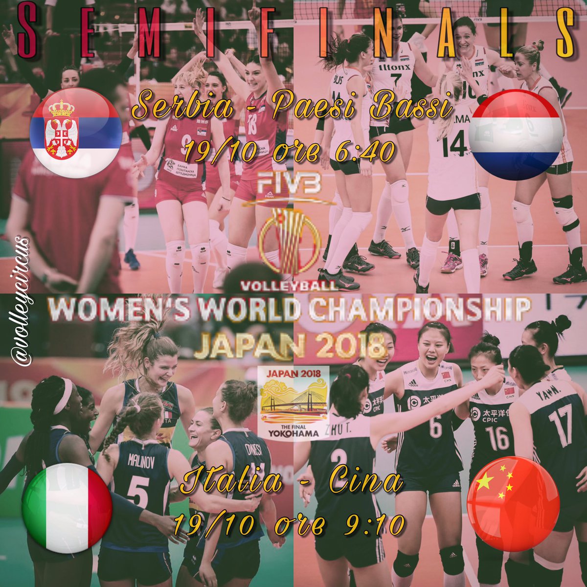 barsportvolley's tweet photo. L’Italia affronterà la Cina nella semifinale mondiale, venerdì 19 ottobre alle ore 9:10 italiane. L’altra semifinale, quella tra Serbia e Paesi Bassi, si giocherà invece alle ore 6:40.

Alle 12:20 spazio invece alla finale 5º/6º posto. #FIVBWomensWCH #VolleyWorldFantaGalli https://t.co/z5NSyguIAE
