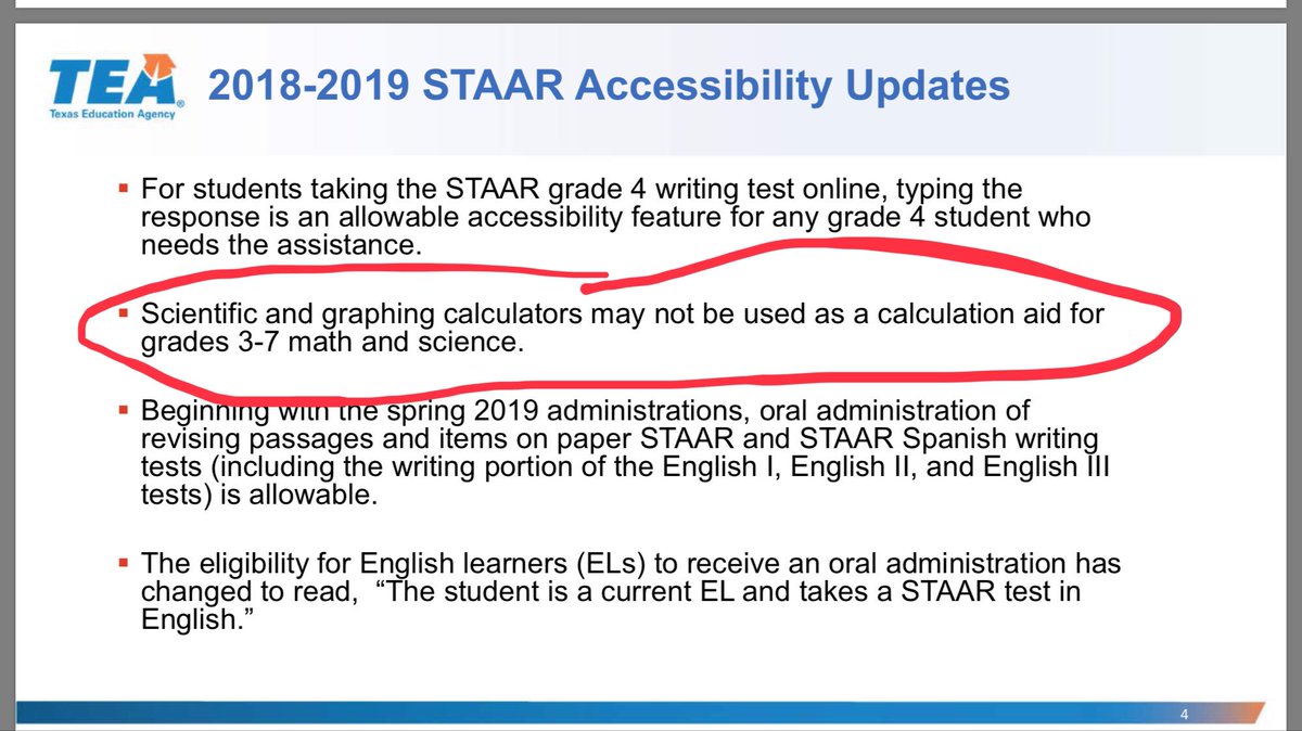 DaveSurdovel's tweet photo. Here is the clarification of the removal of graphing calculators from the calculation aids for eligible students in grades 3-7 for #STAAR @MathLeaders #TASMtalk https://t.co/45lde8cJDk (from this link: https://t.co/nPycoAWhjc) https://t.co/Q6LTKuZmTu
