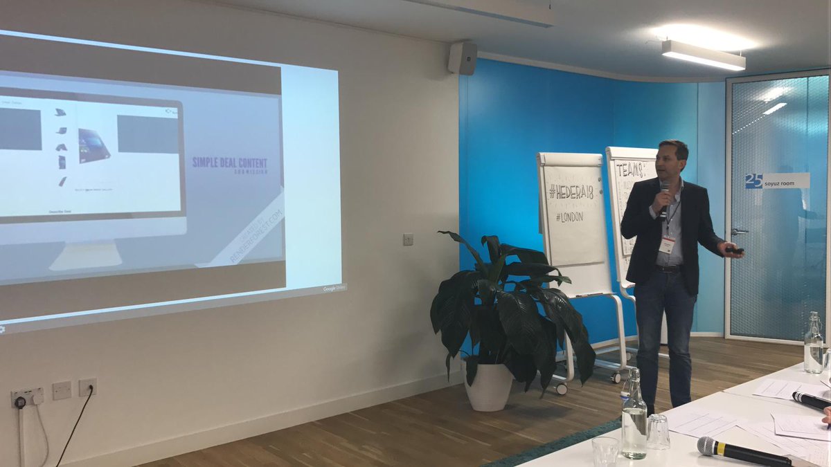 BeMyAppEMEA's tweet photo. Team #Dealeos showcasing a very intresting solution at the #hedera18hackathon in #london regarding content creation between creators. https://t.co/5Oxhn1gg9b