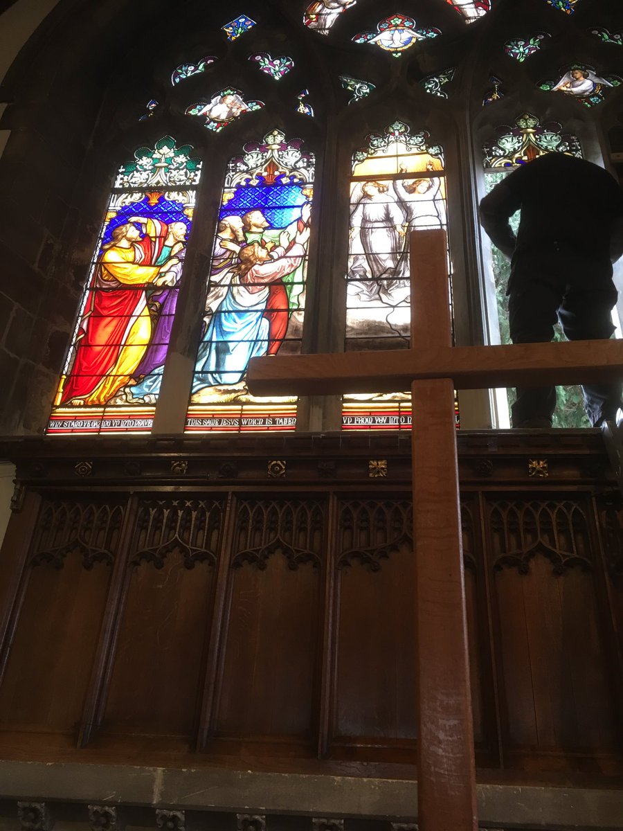 MJandCoYork's tweet photo. Installing #stainedglass panels back into #stleonards #church #eastwindow #capronnier #conservation #restoration @PBarchitects https://t.co/paZ0ih3FgB